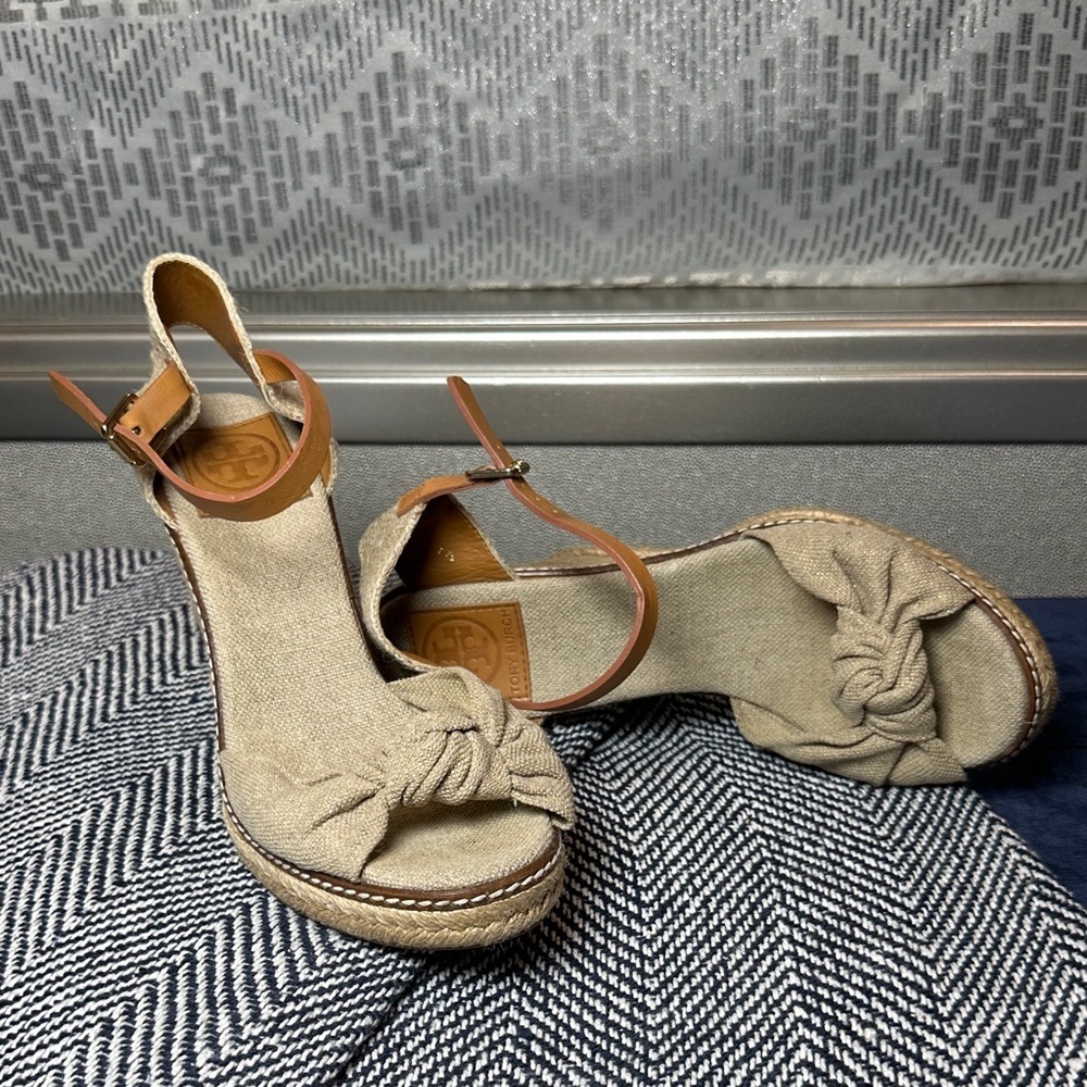 Tory Burch Macy Espadrille Wedge Sandals Linen Beige Women’s 7.5B Made in Spain - Picture 3 of 14